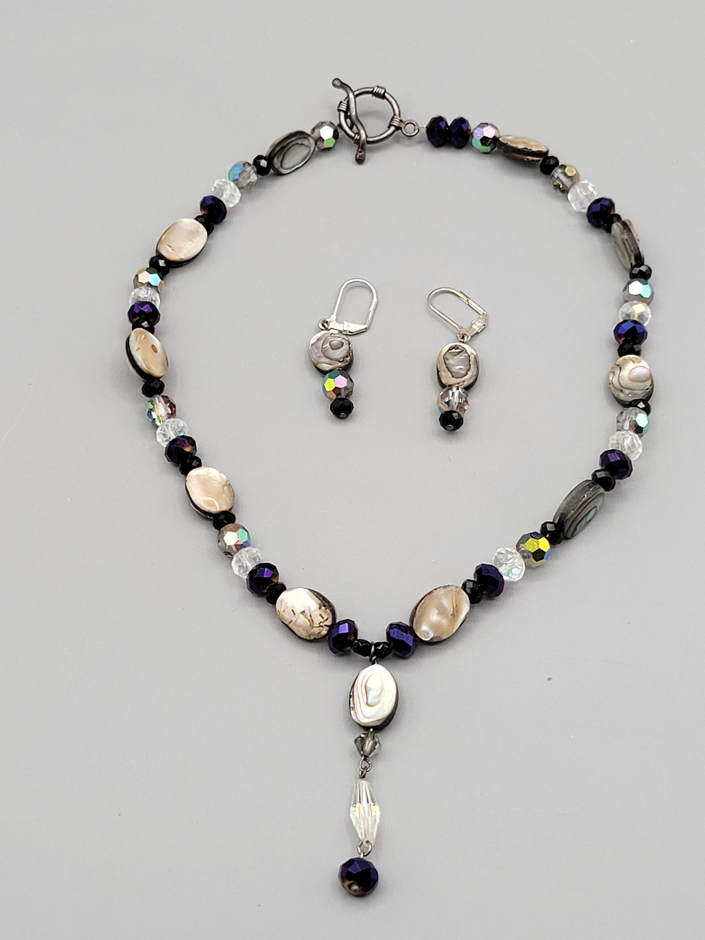 Handcrafted Abalone & Crystal Necklace Set in Purple and Silver